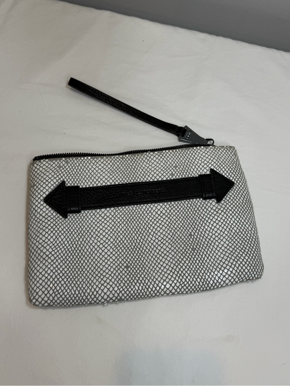 Aimee Kestenberg gray cream black leather zip top clutch